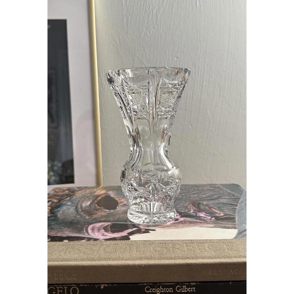 Vintage Etched Clear Cut Crystal Lead Vase Hand Cut Heavy Weight